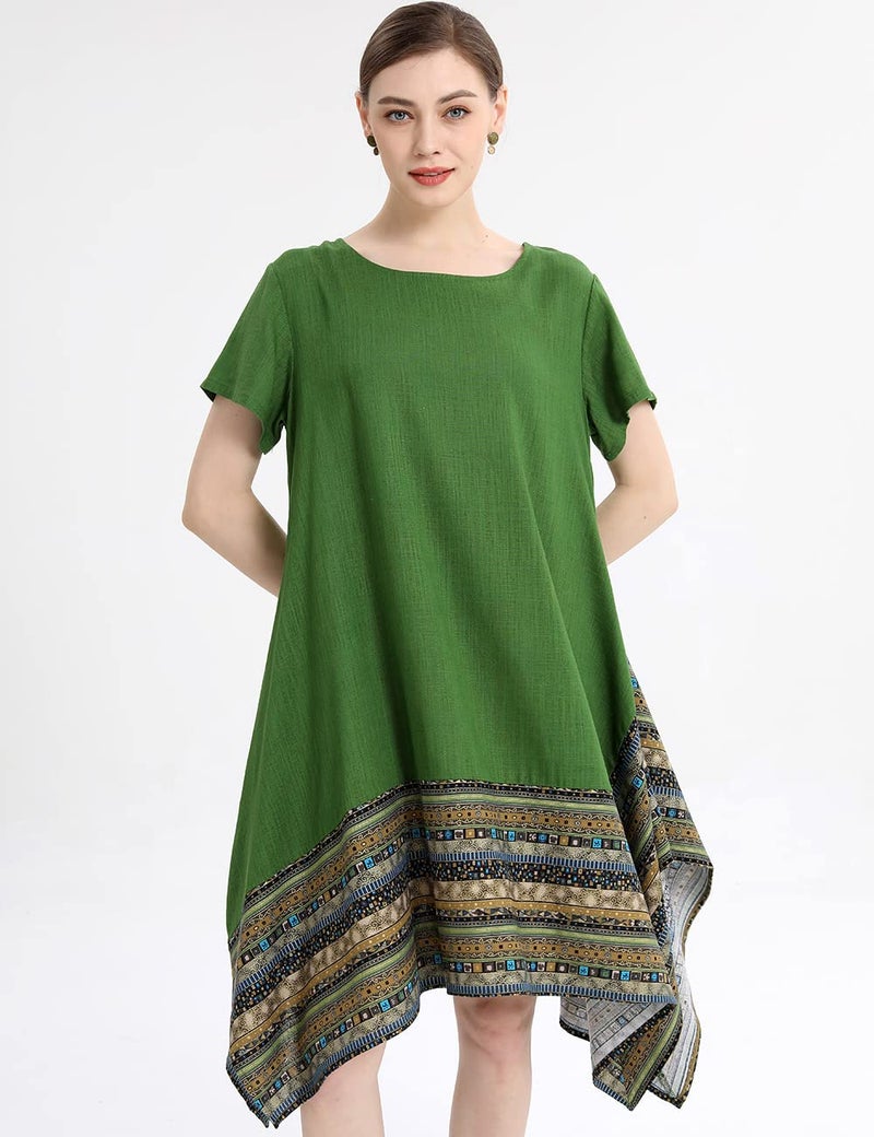 Minibee Women's Ethnic Cotton Linen Short Sleeves Irregular Tunic Dress (L, Green) - Image 2